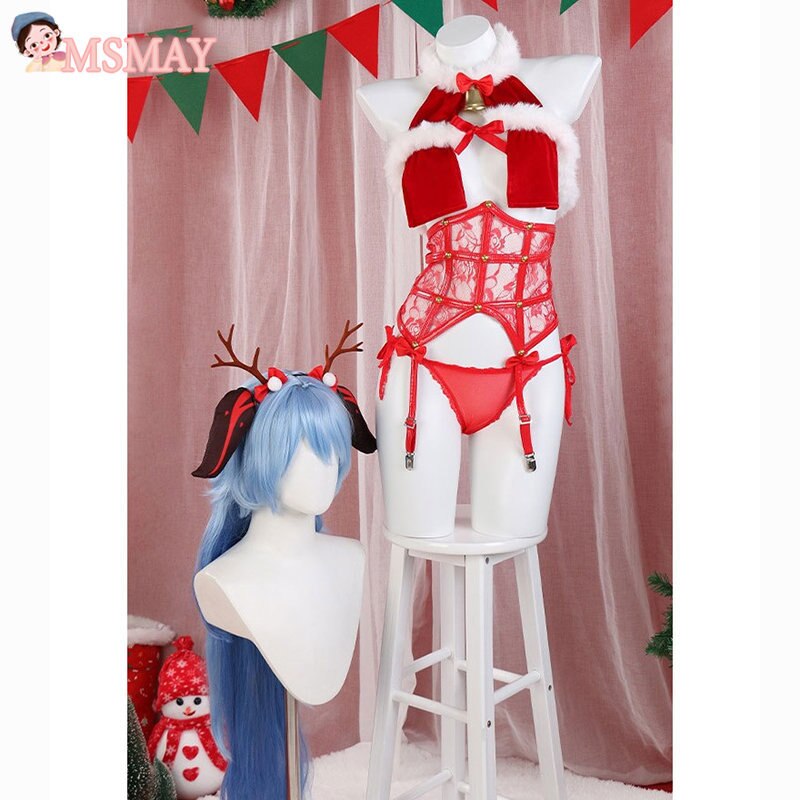 MsMay Game Genshin Impact Ganyu Doujin Cosplay Costume Christmas New Year Birthday Party Red Jumpsuits Wig Cosplay Accessories